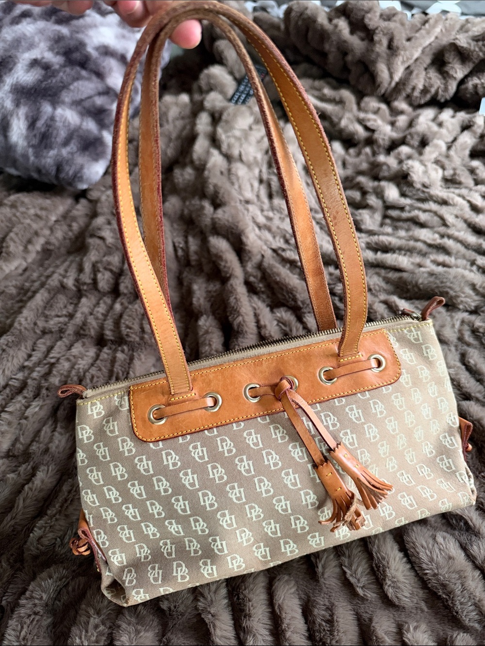 Dooney & Bourke Signature DB Monogram Canvas Tassel Shoulder Bag Y2K